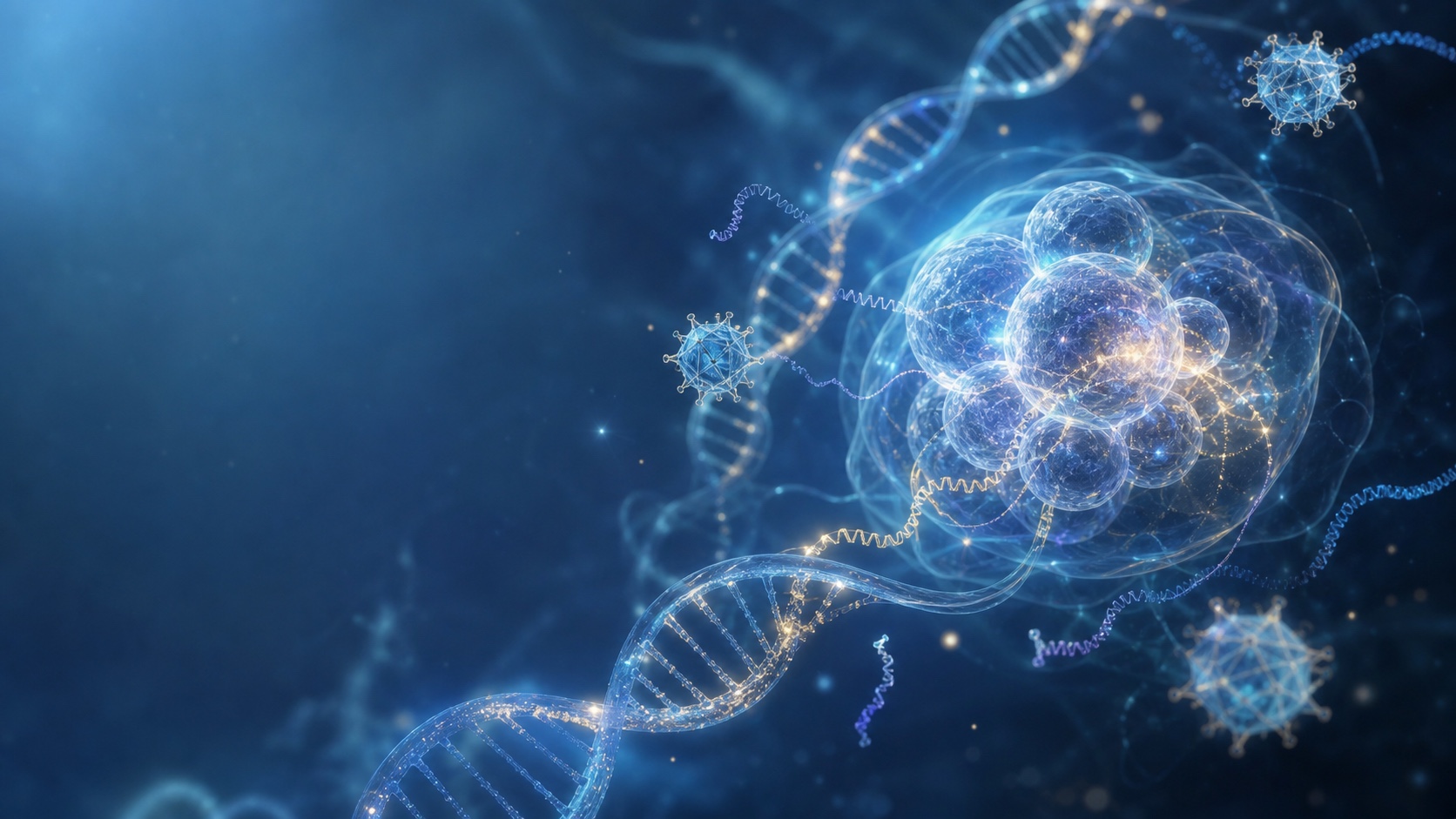 iPS細胞、DNA、遺伝子治療モダリティが相互作用する科学CG